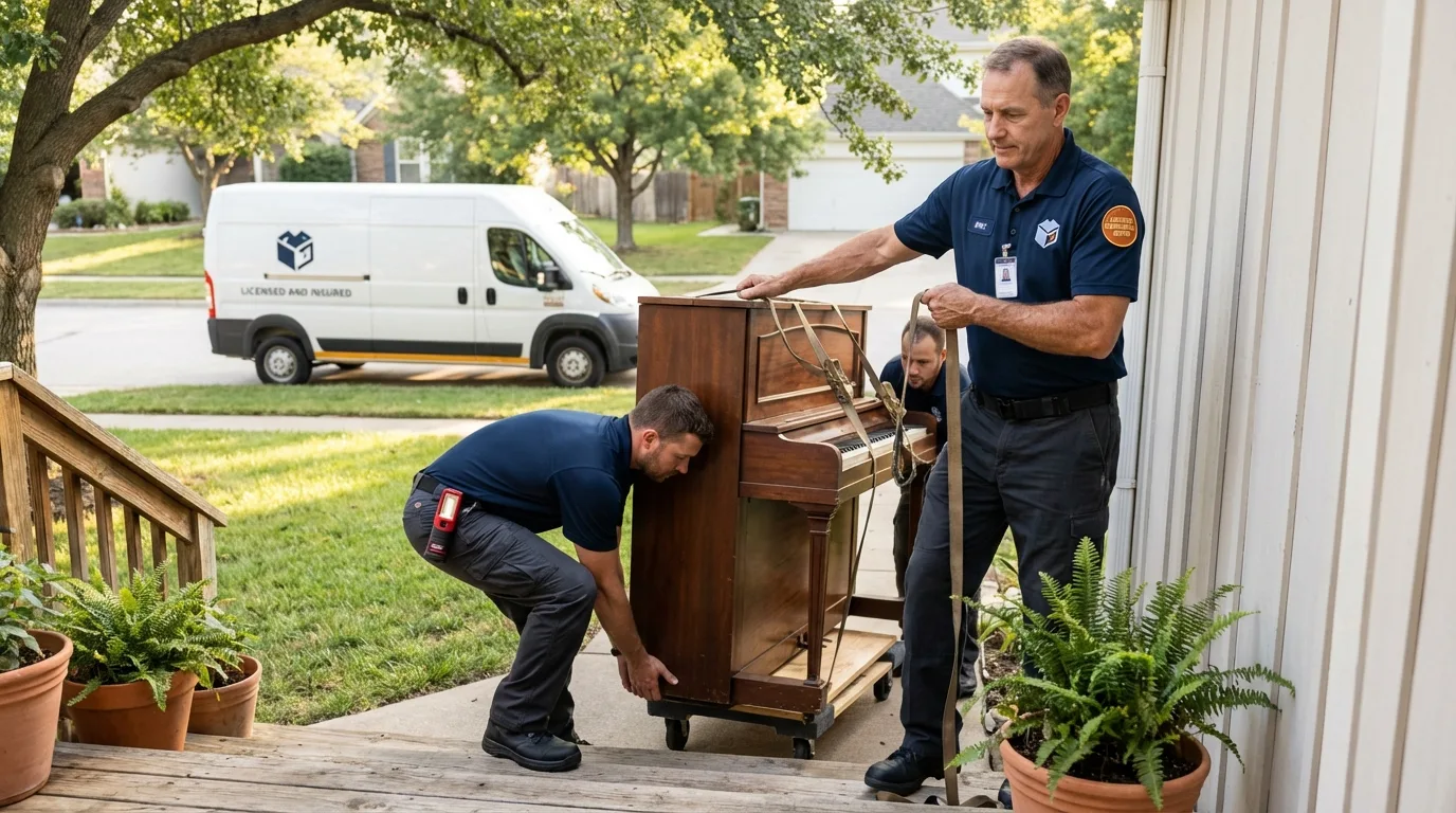 Licensed piano movers securing grand piano in Daytona Beach, FL