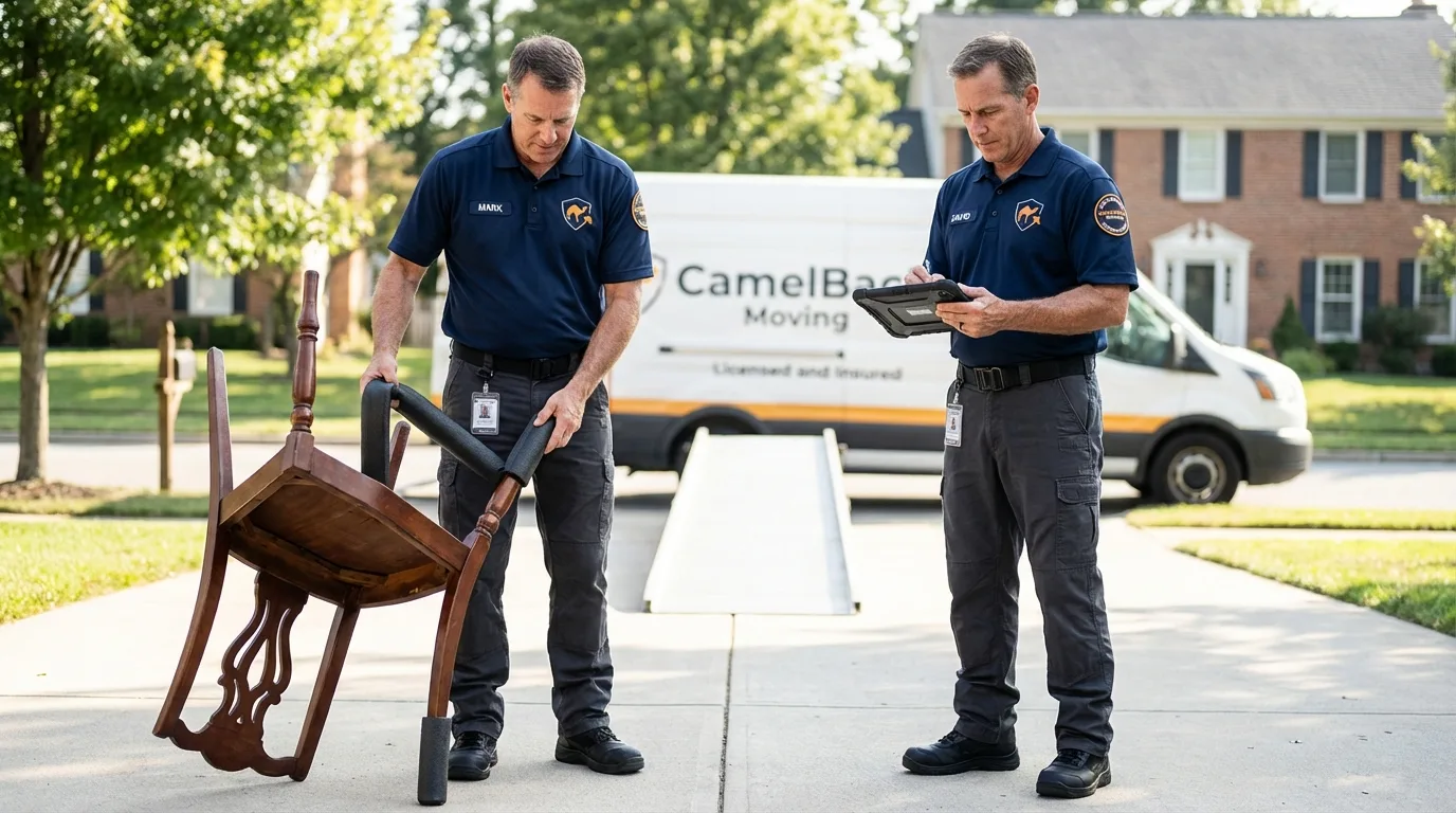 Movers inspecting furniture for damage prevention before loading in Daytona Beach, FL