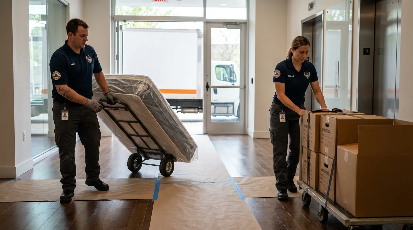 Professional apartment movers loading elevator in Daytona Beach, FL